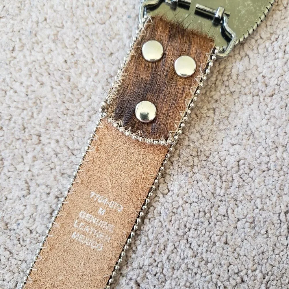 Calf Hair Leather Belt Studded Rhinestone Cross Buckle Studded Brown Size Med